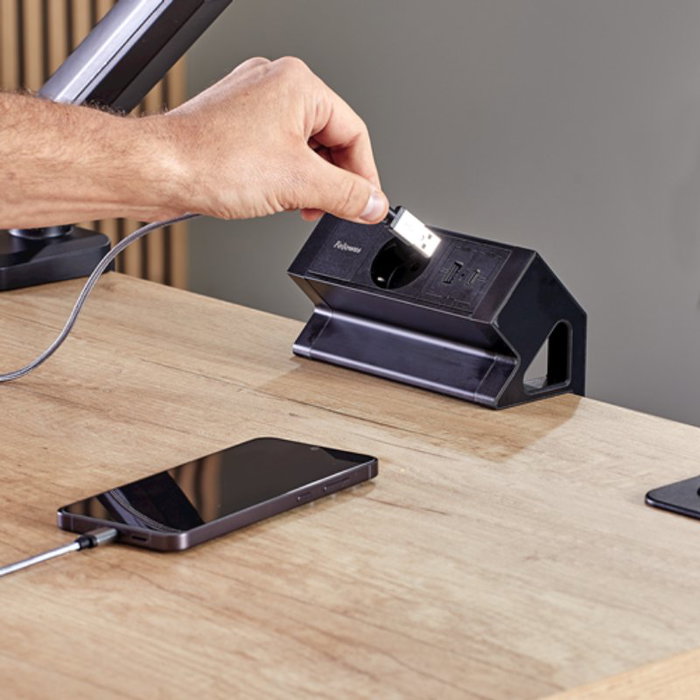 Fellowes Regleta de Sobremesa 100137172 con 1 Toma de Corriente y 2 Puertos USB, Negro